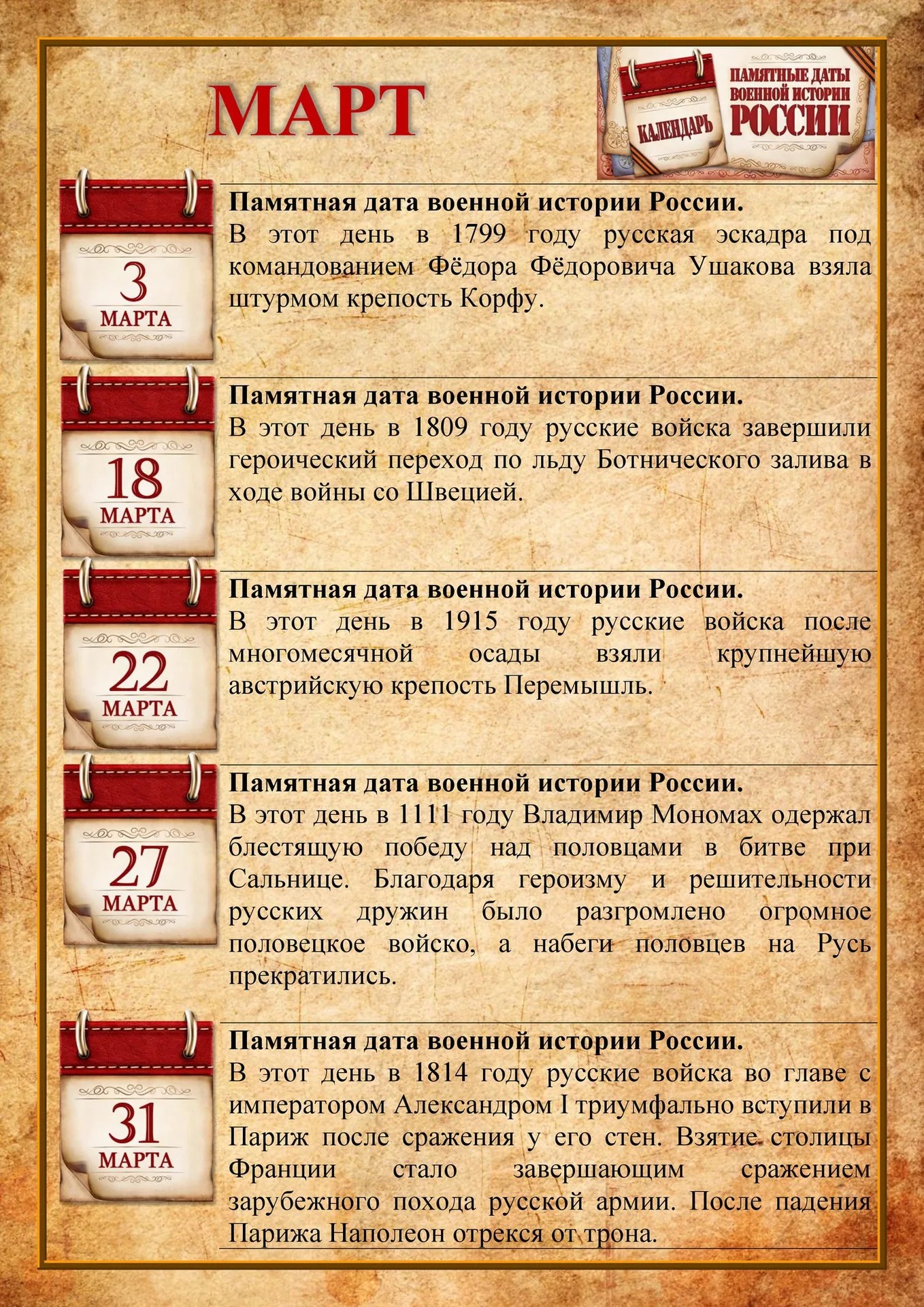 Памятные даты военной истории России В марте  2021 года.