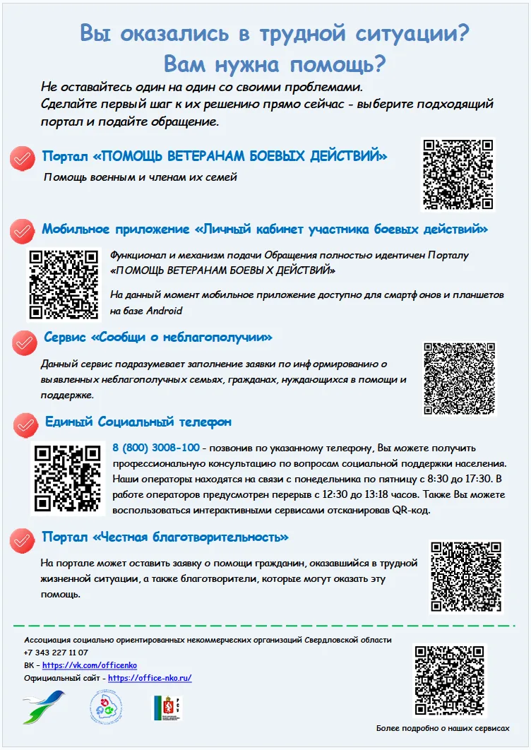 Информационный лист с актуальным перечнем порталов и сервисов о предоставлении помощи гражданам, попавшим в трудные жизненные ситуации.