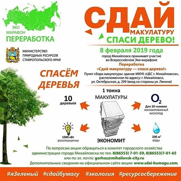 Всероссийский Эко-марафон ПЕРЕРАБОТКА «Сдай макулатуру – спаси дерево».